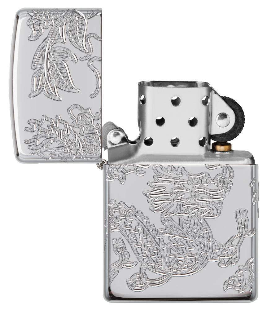 Armor?« Dragon and Phoenix Design Windproof Lighter with its lid open and not lit