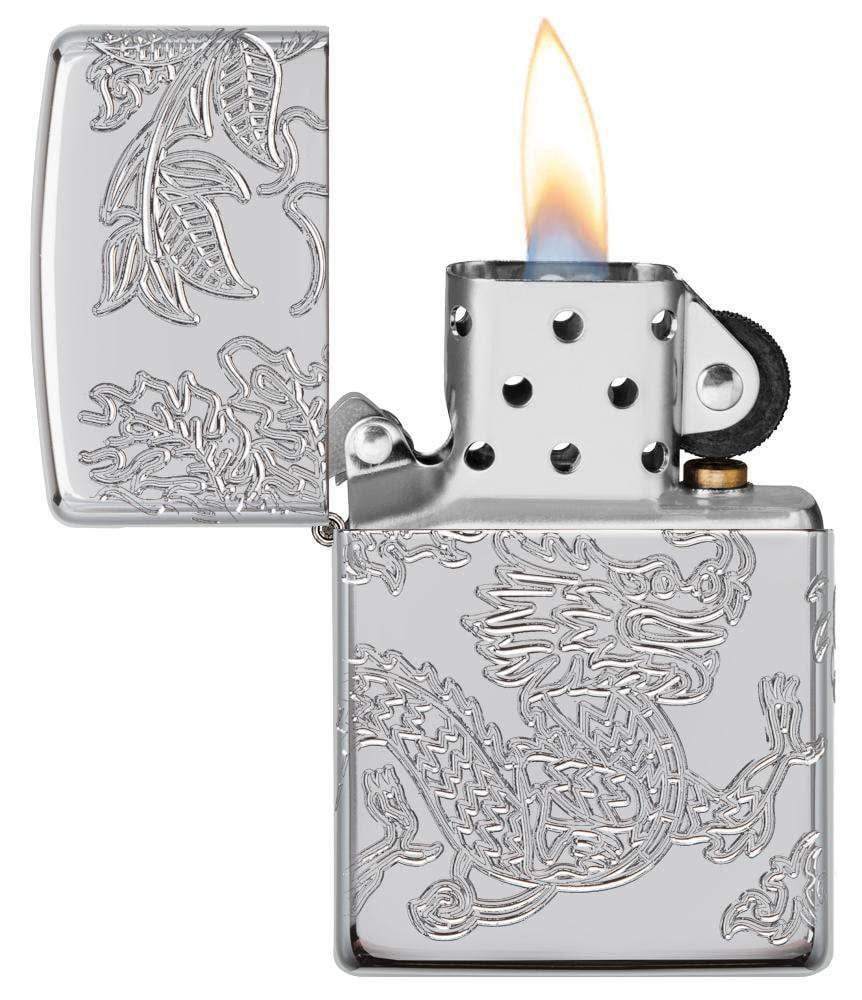 Armor?« Dragon and Phoenix Design Windproof Lighter with its lid open and lit