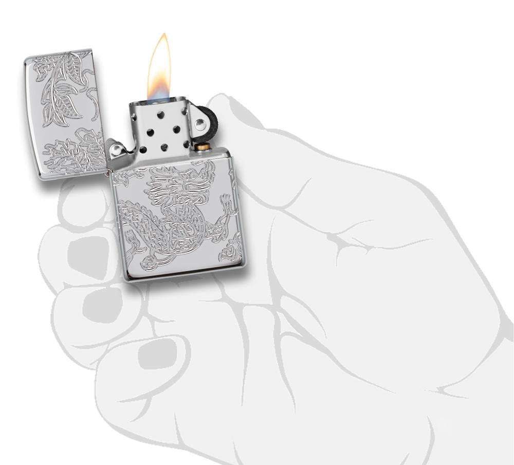 Armor?« Dragon and Phoenix Design Windproof Lighter lit in hand