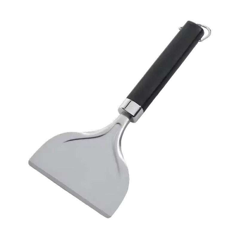 Metal spatula with black handle on a white background
