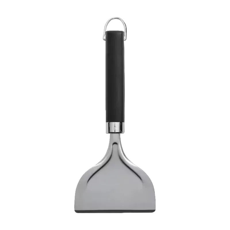 Metal spatula with black handle on a white background