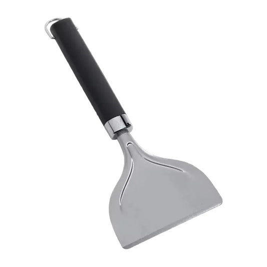 Metal spatula with black handle on a white background