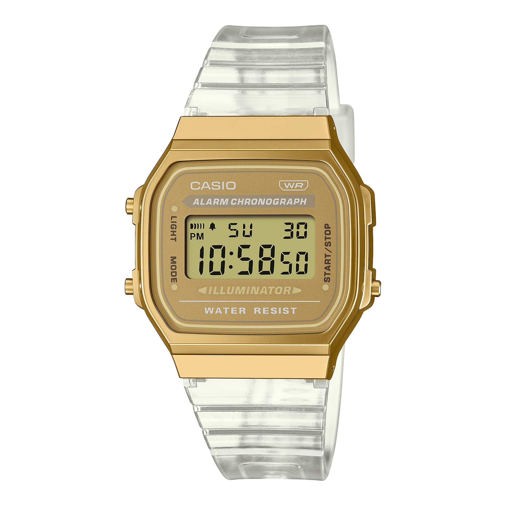 CASIO VINTAGE A168XESG-9ADF GOLD DIGITAL DIAL TRANSPARENT RESIN STRAP D307