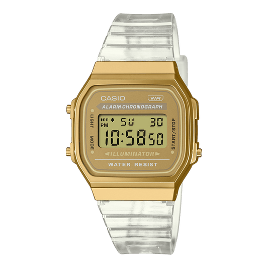 CASIO VINTAGE A168XESG-9ADF GOLD DIGITAL DIAL TRANSPARENT RESIN STRAP D307