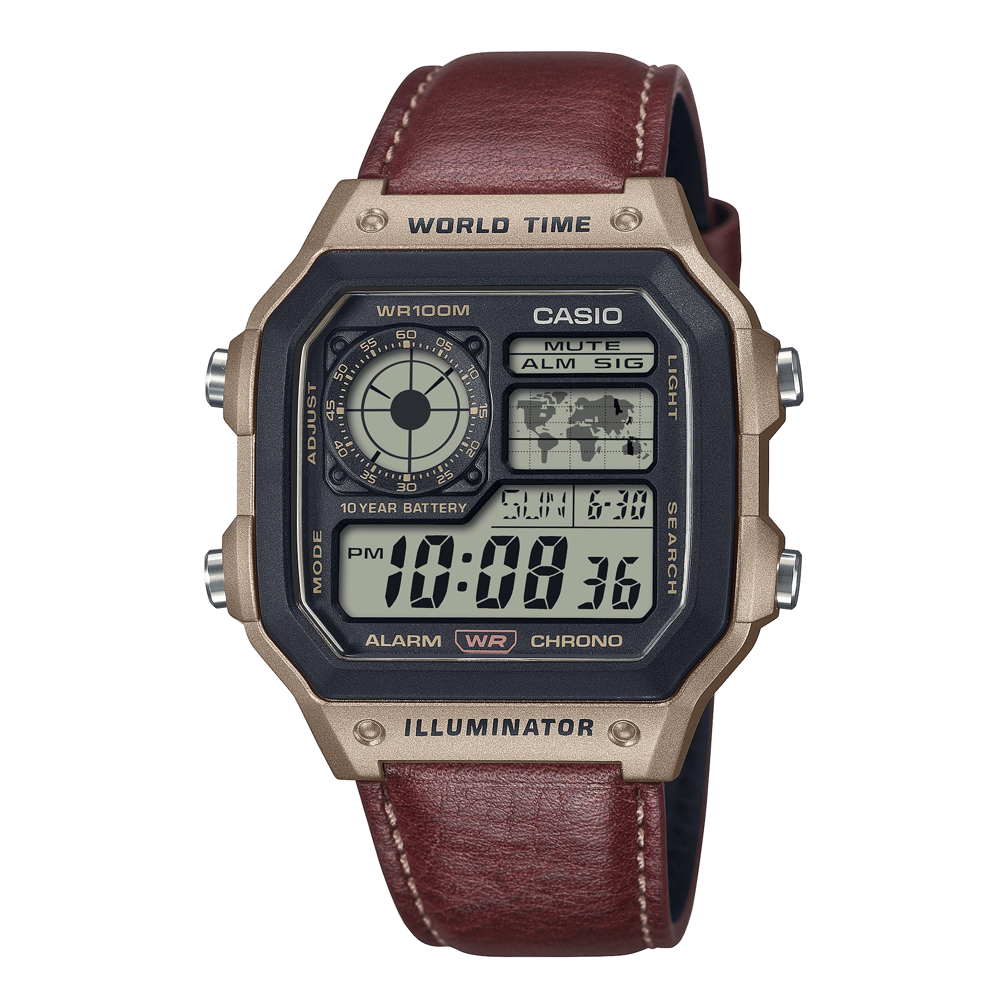 CASIO YOUTH AE-1200WHL-5AVDF BLACK DIGITAL DIAL BROWN LEATHER  BAND D383