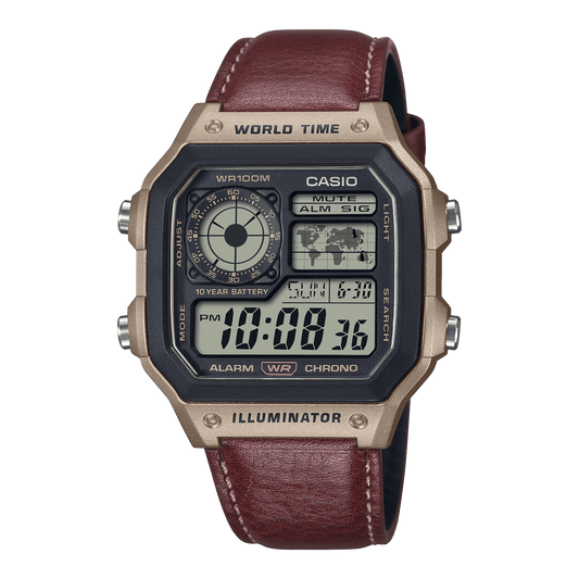 CASIO YOUTH AE-1200WHL-5AVDF BLACK DIGITAL DIAL BROWN LEATHER  BAND D383