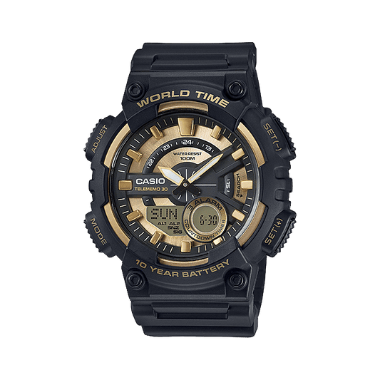 CASIO YOUTH AEQ-110BW-9AVDF GOLD ANALOG-DIGITAL DIAL BLACK  RESIN  BAND AD206