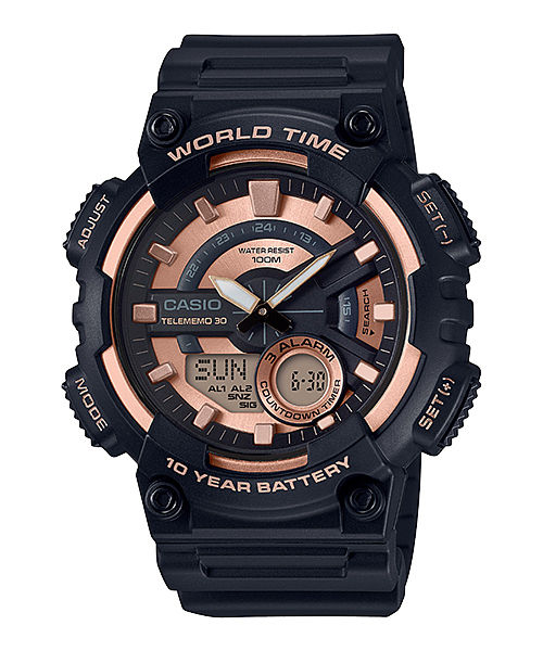CASIO  AEQ-110W-1A3VDF ROSE GOLD ANALOG-DIGITAL DIAL BLACK RESIN STRAP  10 YEAR BATTERY AD222