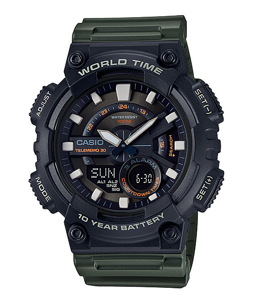 CASIO  AEQ-110W-3AVDF BLACK ANALOG-DIGITAL DIAL GREEN RESIN STRAP  10 YEAR BATTERY AD223