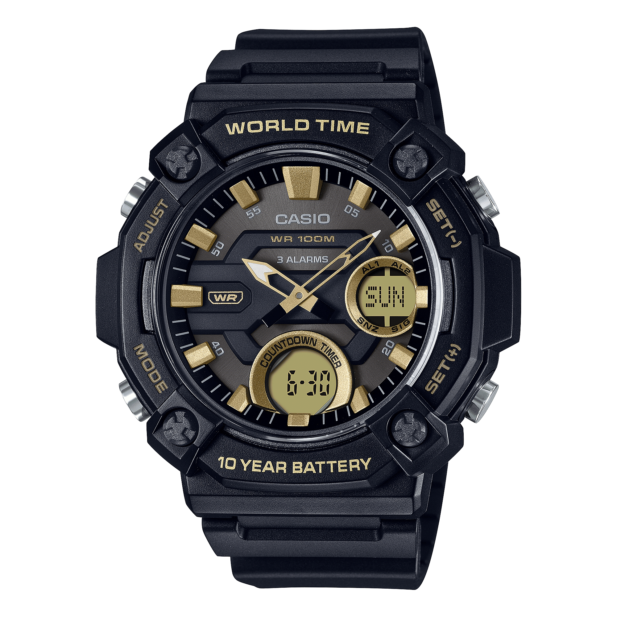 CASIO  AEQ-120W-9AVDF BLACK & GOLD ANALOG-DIGITAL DIAL BLACK RESIN STRAP  10 YEAR BATTERY AD264
