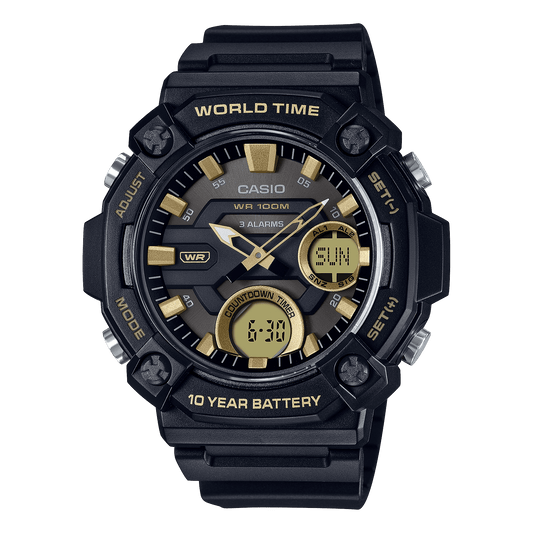 CASIO  AEQ-120W-9AVDF BLACK & GOLD ANALOG-DIGITAL DIAL BLACK RESIN STRAP  10 YEAR BATTERY AD264