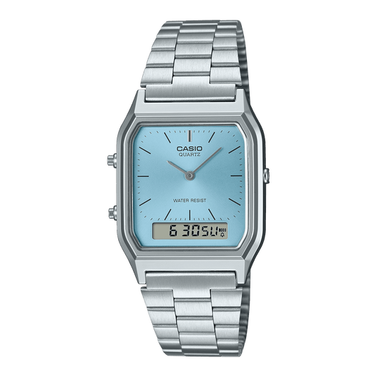 CASIO VINTAGE AQ-230A-2A1MQYDF BLUE ANALOG-DIGITAL DIAL SILVER STAINLESS STEEL BAND AD270