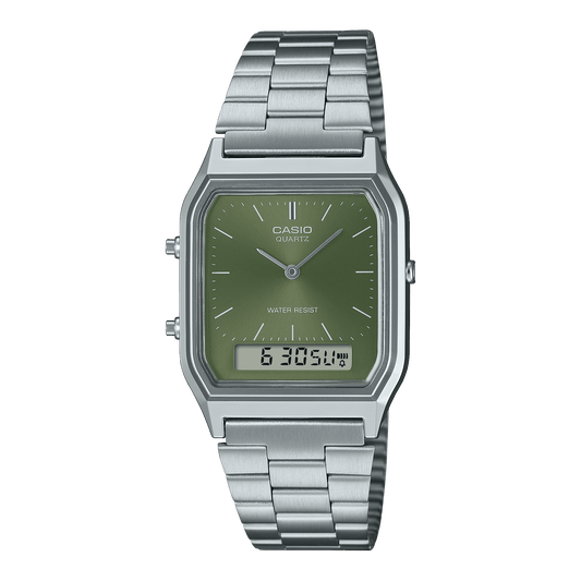 CASIO VINTAGE AQ-230A-3AMQYDF GREEN ANALOG-DIGITAL DIAL SILVER STAINLESS STEEL BAND AD278