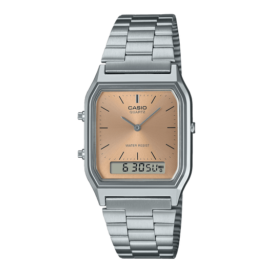 CASIO VINTAGE AQ-230A-4AMQYDF ORANGE ANALOG-DIGITAL DIAL SILVER STAINLESS STEEL BAND AD279