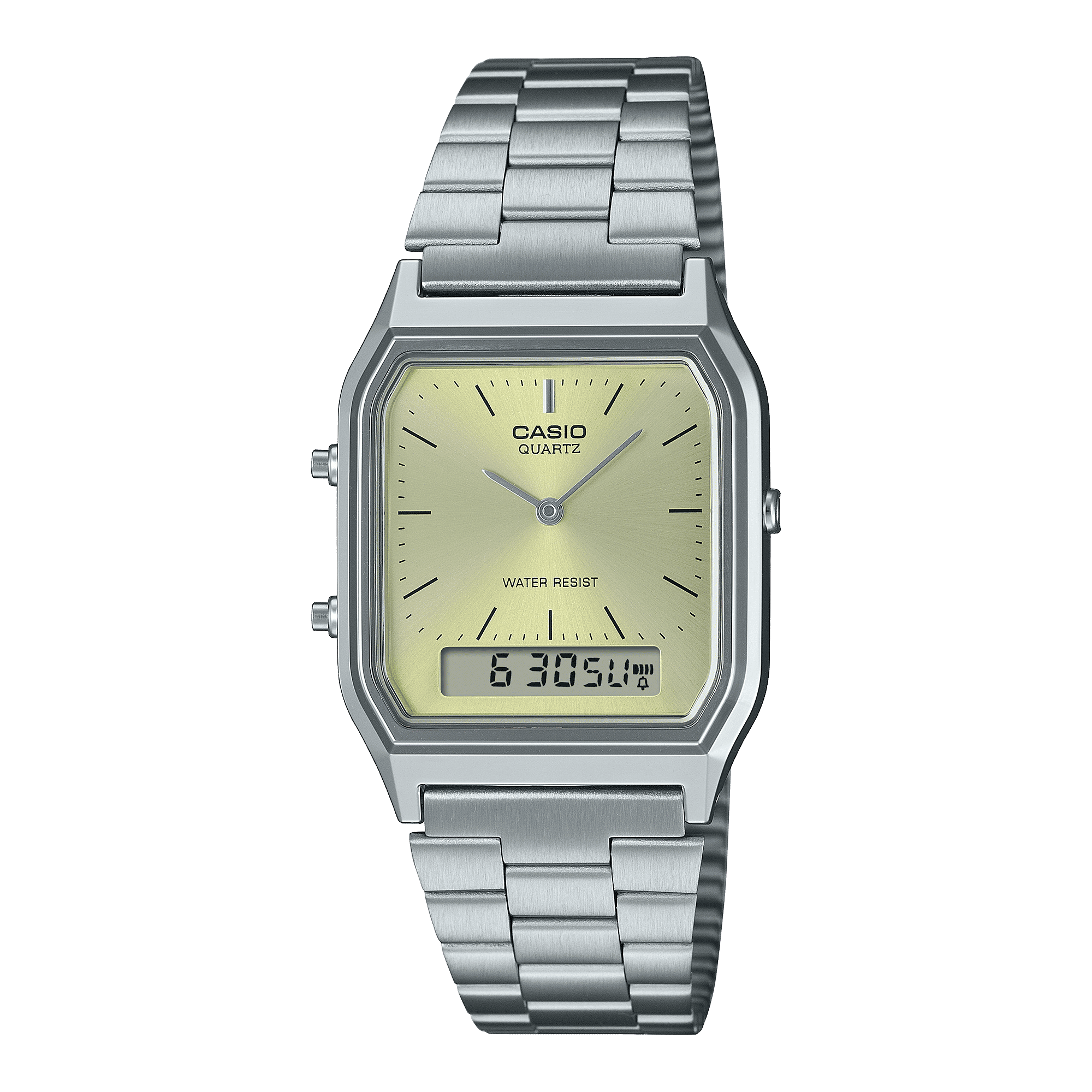 CASIO VINTAGE AQ-230A-9AMQYDF GREEN ANALOG-DIGITAL DIAL SILVER STAINLESS STEEL BAND AD280