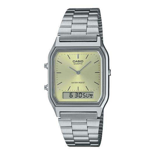 CASIO VINTAGE AQ-230A-9AMQYDF GREEN ANALOG-DIGITAL DIAL SILVER STAINLESS STEEL BAND AD280