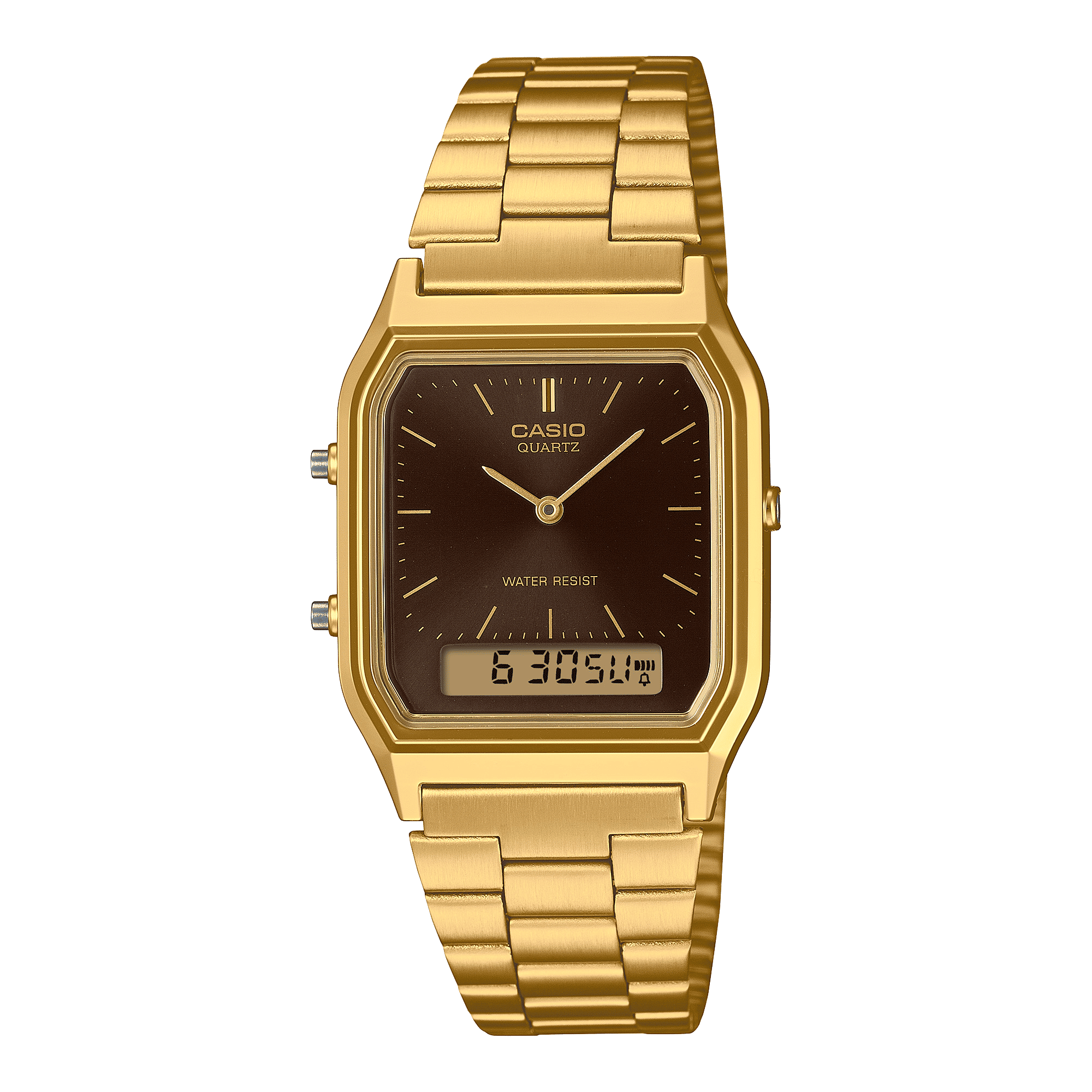 CASIO VINTAGE AQ-230GA-5AMQYDF BROWN ANALOG-DIGITAL DIAL GOLD  STAINLESS STEEL BAND D369