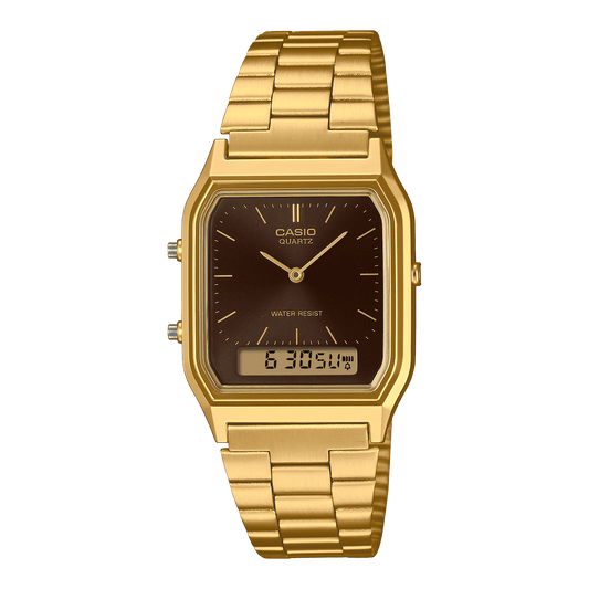 CASIO VINTAGE AQ-230GA-5AMQYDF BROWN ANALOG-DIGITAL DIAL GOLD  STAINLESS STEEL BAND D369