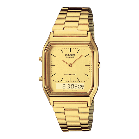 CASIO VINTAGE AQ-230GA-9DHDF GOLD ANALOG-DIGITAL DIAL UNISEX WATCH GOLD STAINLESS STEEL STRAP  
