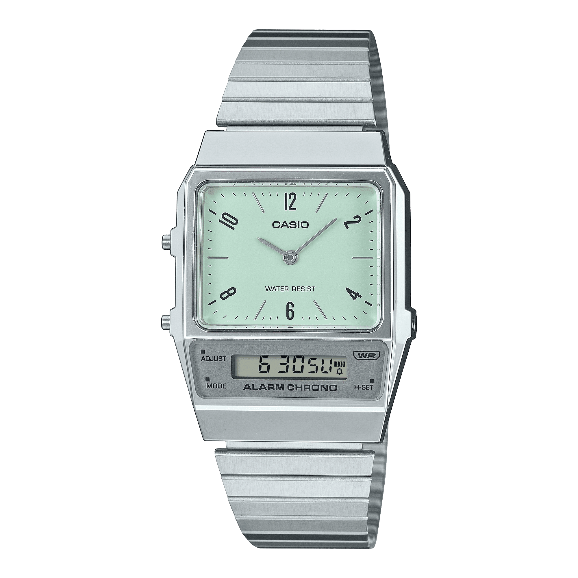 CASIO VINTAGE AQ-800E-3ADF GREEN ANALOG-DIGITAL DIAL SILVER STAINLESS STEEL BAND D362