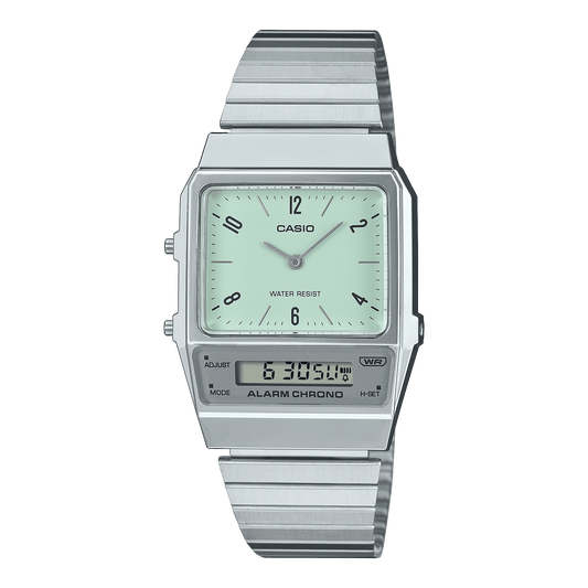 CASIO VINTAGE AQ-800E-3ADF GREEN ANALOG-DIGITAL DIAL SILVER STAINLESS STEEL BAND D362