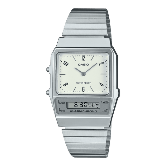 CASIO VINTAGE AQ-800E-7A2DF WHITE ANALOG-DIGITAL DIAL SILVER STAINLESS STEEL BAND D363