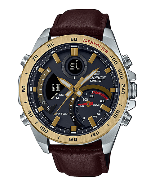 CASIO EDIFICE ECB-900GL-1ADR GRAY ANA-DIGI DIAL BROWN LEATHER BAND MEN'S WATCH EX530