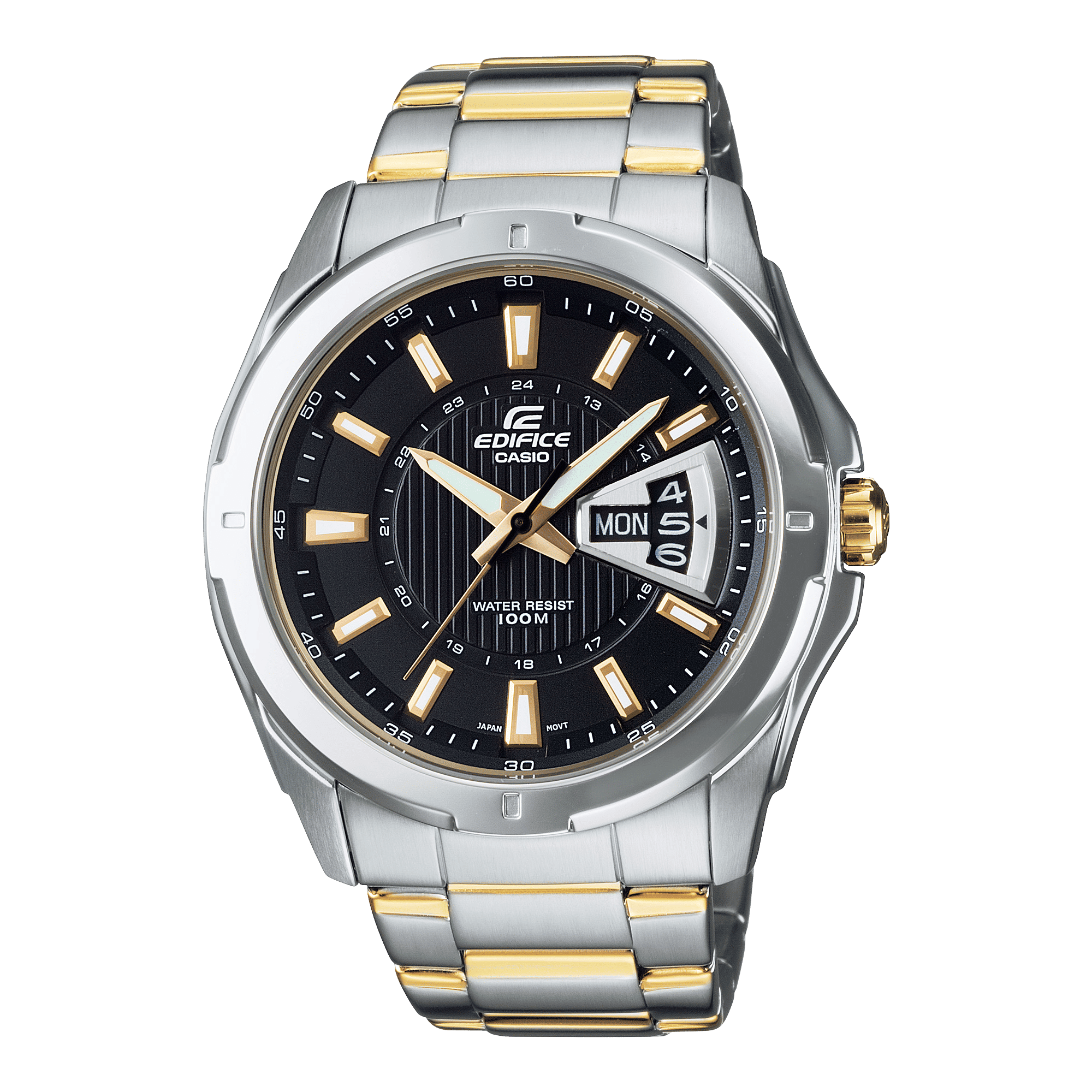 CASIO EDIFICE EF-129SG-1AVDF BLACK ANALOG DIAL TWO-TONE STAINLESS STEEL STRAP MEN'S WATCH WATER RESISTANCE DATE DISPLAY