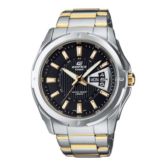 CASIO EDIFICE EF-129SG-1AVDF BLACK ANALOG DIAL TWO-TONE STAINLESS STEEL STRAP MEN'S WATCH WATER RESISTANCE DATE DISPLAY