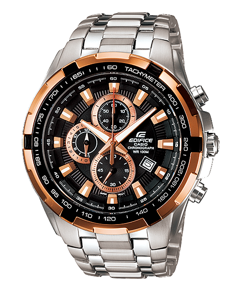 CASIO EDIFICE EF-539D-1A5VUDF BLACK AND ROSE GOLD ANALOG DIAL SILVER STAINLESS STEEL STRAP MEN'S WATCH SOLID STRAP STOP-WATCH