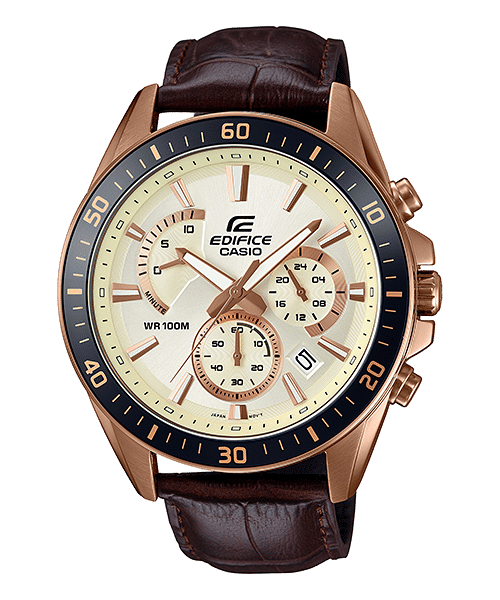 CASIO EDIFICE EFR-552GL-7AVUDF BEIGE ANALOG DIAL BROWN LEATHER STRAP MEN'S WATCH CHRONOGRAPH 100M WATER RESISTANT