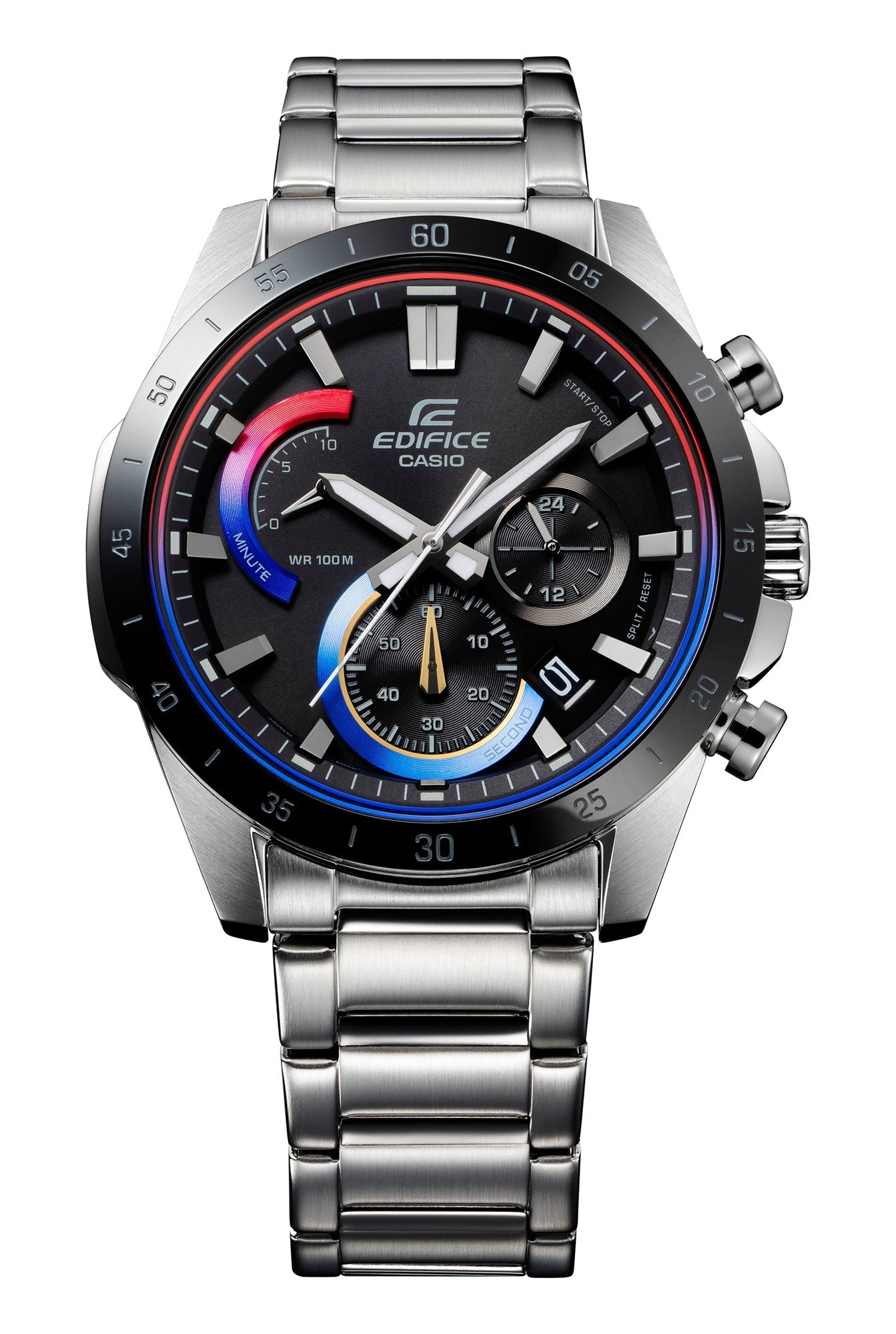 CASIO EDIFICE EFR-573HG-1AVUDF BLACK MULTICOLOUR ANALOG DIAL SILVER STAINLESS STEEL STRAP MEN'S WATCH DATE DISPLAY 100-METER WATER RESISTANCE