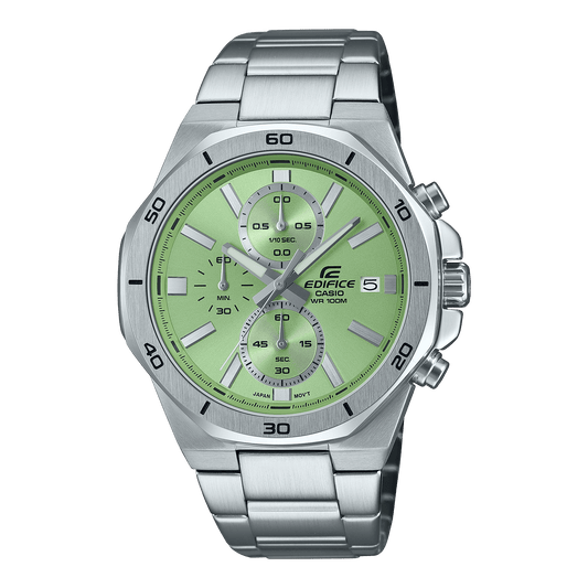 CASIO EDIFICE EFV-640D-3AVUDF GREEN ANALOG DIAL SILVER STAINLESS STEEL STRAP MEN'S WATCH 100M WATER RESISTANCE 