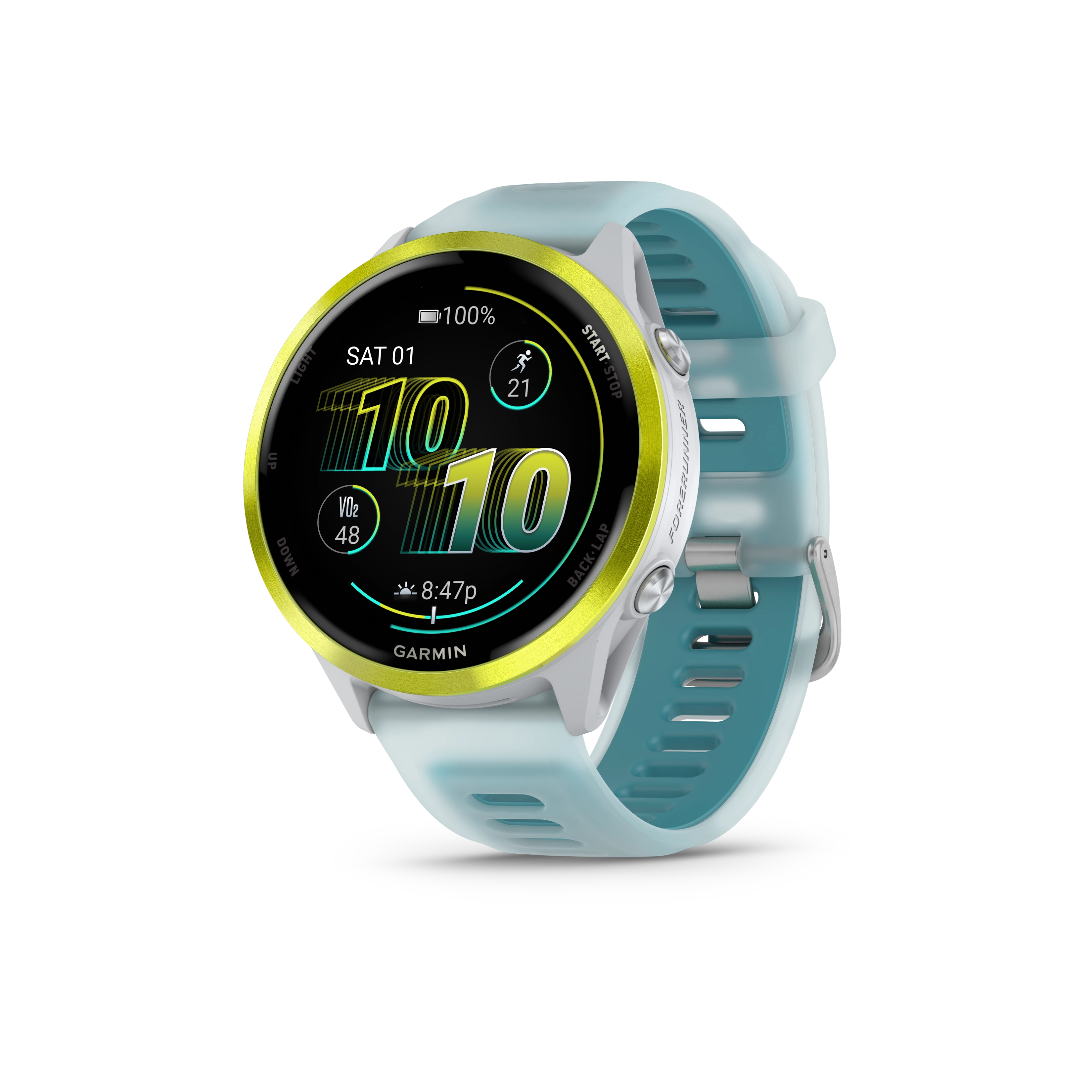 Garmin Forerunner® 570 - 47mm Amp Yellow Aluminium with Translucent Whitestone/Turquoise Band GARMIN
