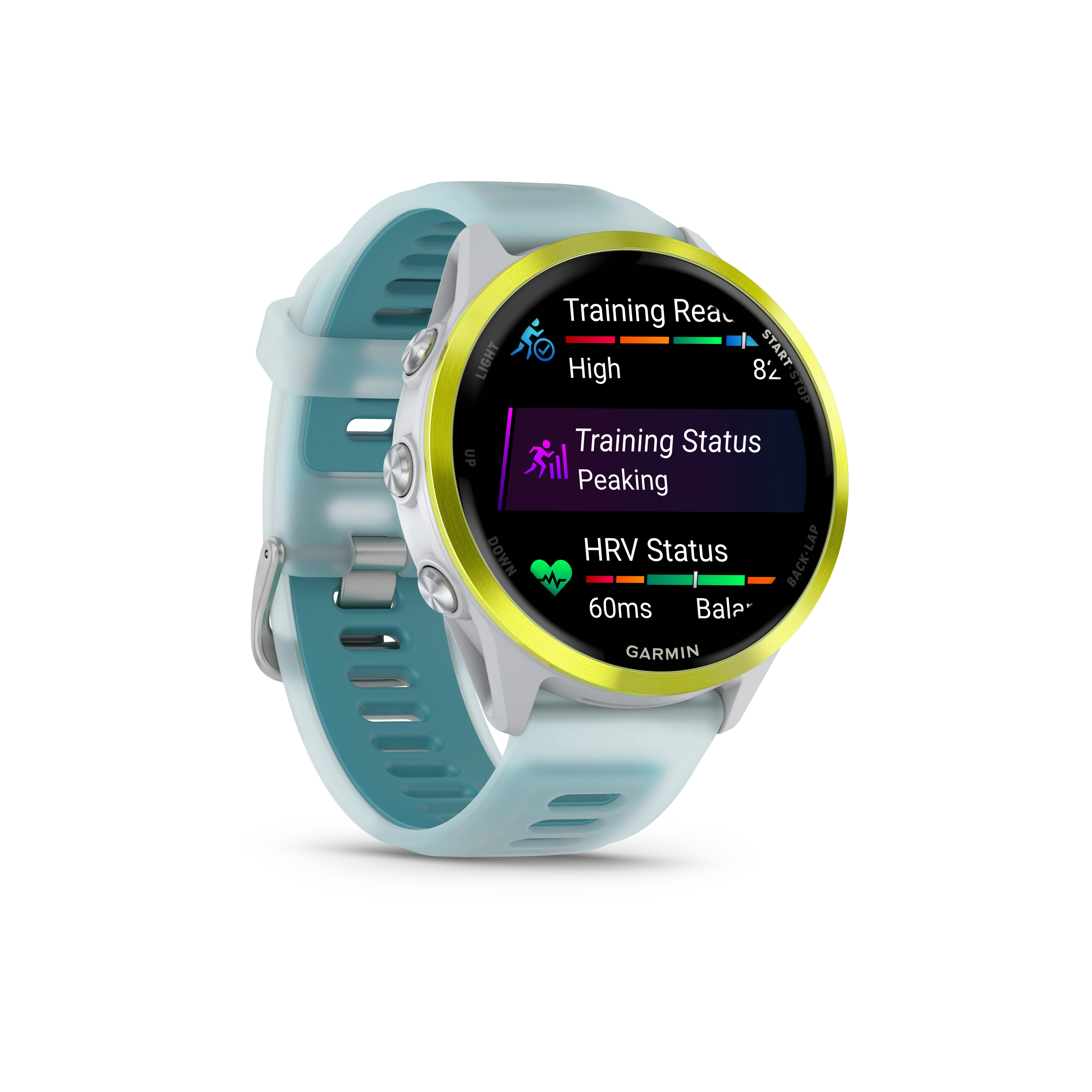 Garmin Forerunner® 570 - 47mm Amp Yellow Aluminium with Translucent Whitestone/Turquoise Band GARMIN