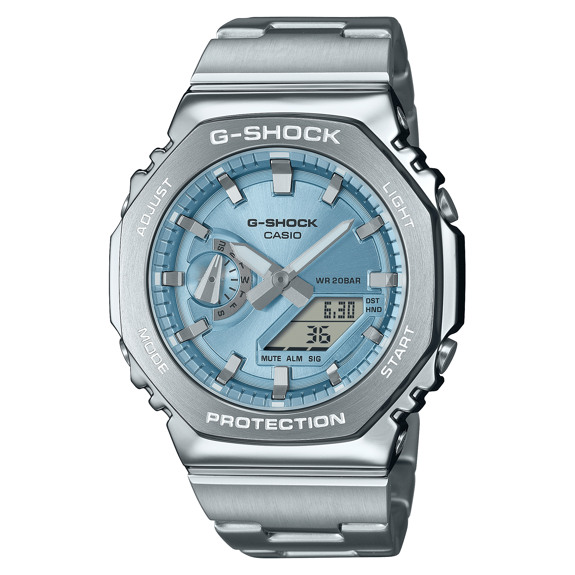 CASIO G-SHOCK GM-2110D-2ADR BLUE ANALOG-DIGITAL DIAL SILVER STAINLESS STEEL  BAND G1613
