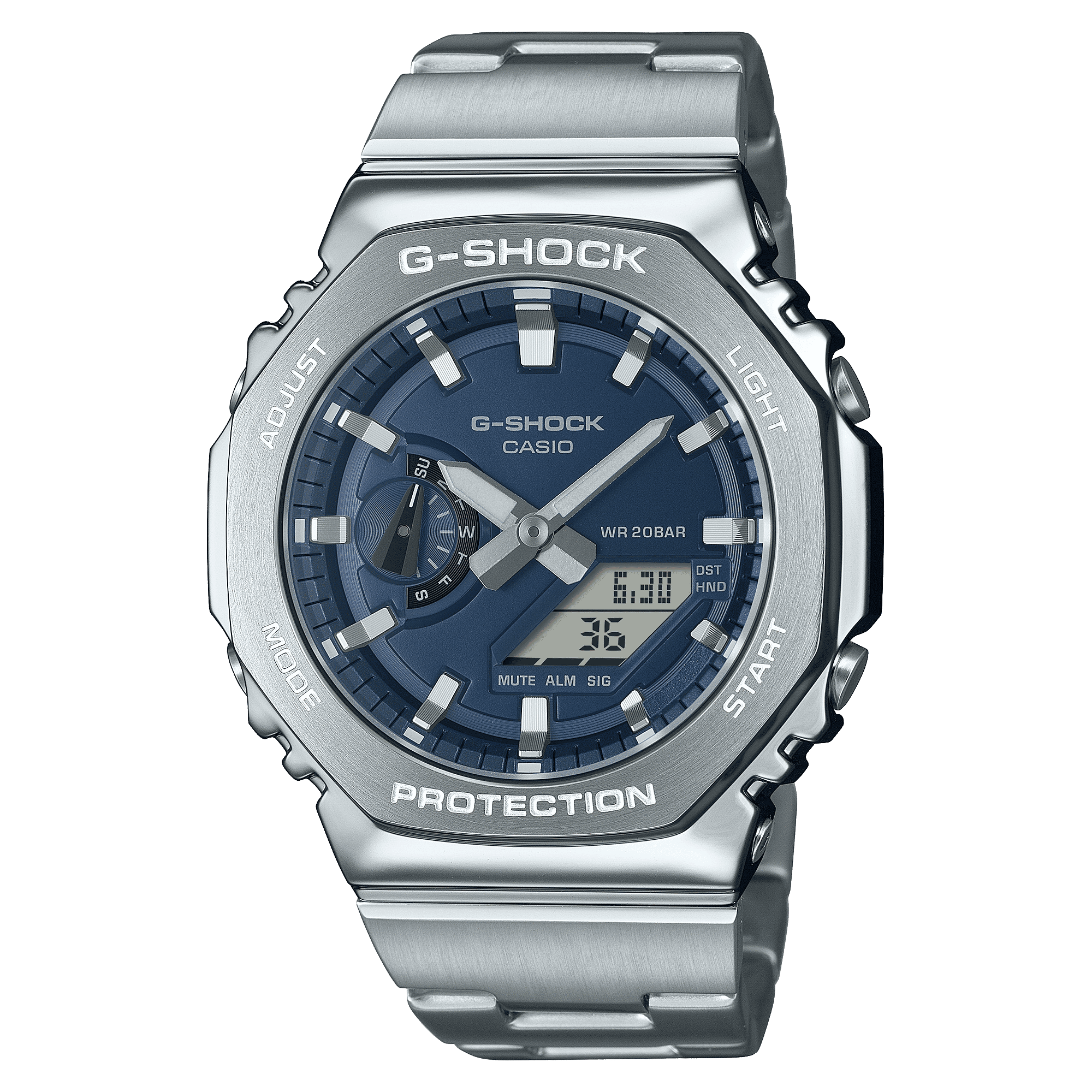 CASIO G-SHOCK GM-2110D-2BDR BLUE ANALOG-DIGITAL DIAL SILVER STAINLESS STEEL  BAND G1614