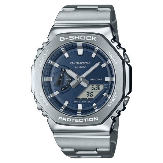 CASIO G-SHOCK GM-2110D-2BDR BLUE ANALOG-DIGITAL DIAL SILVER STAINLESS STEEL  BAND G1614