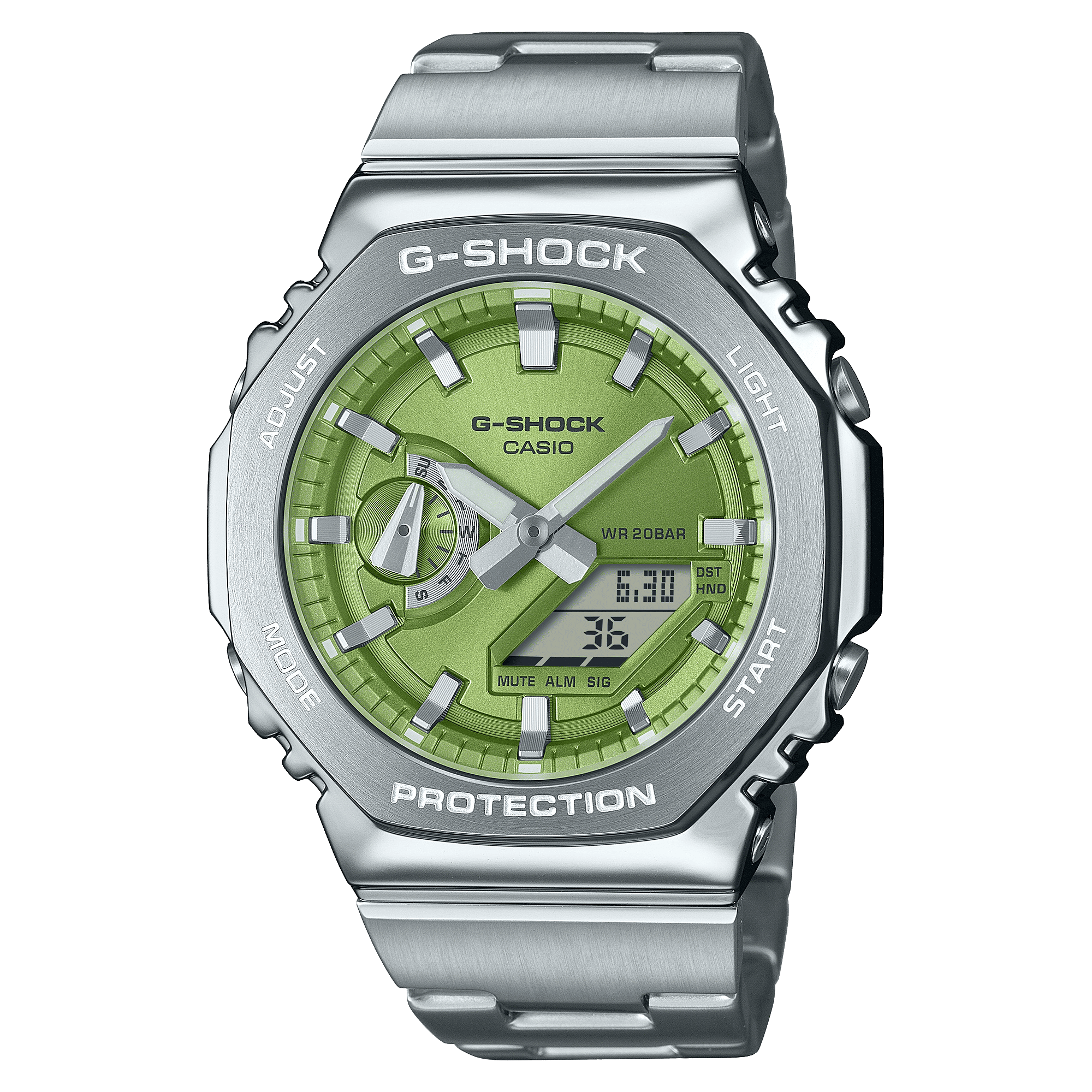 CASIO G-SHOCK GM-2110D-3ADR GREEN ANALOG-DIGITAL DIAL SILVER STAINLESS STEEL  BAND G1611