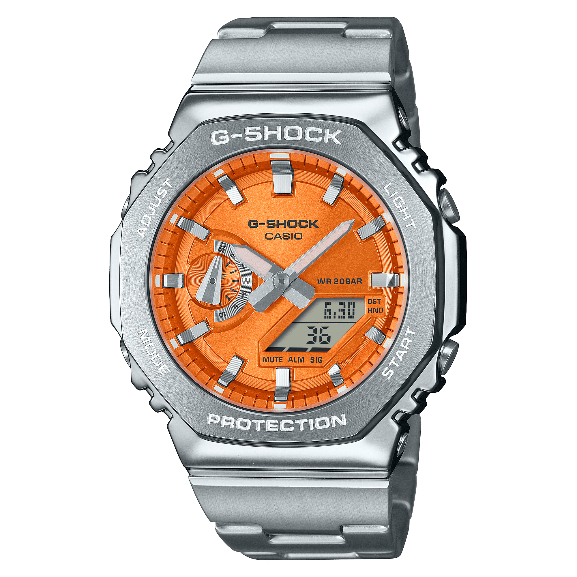 CASIO G-SHOCK GM-2110D-4ADR ORANGE ANALOG-DIGITAL DIAL SILVER STAINLESS STEEL  BAND G1610