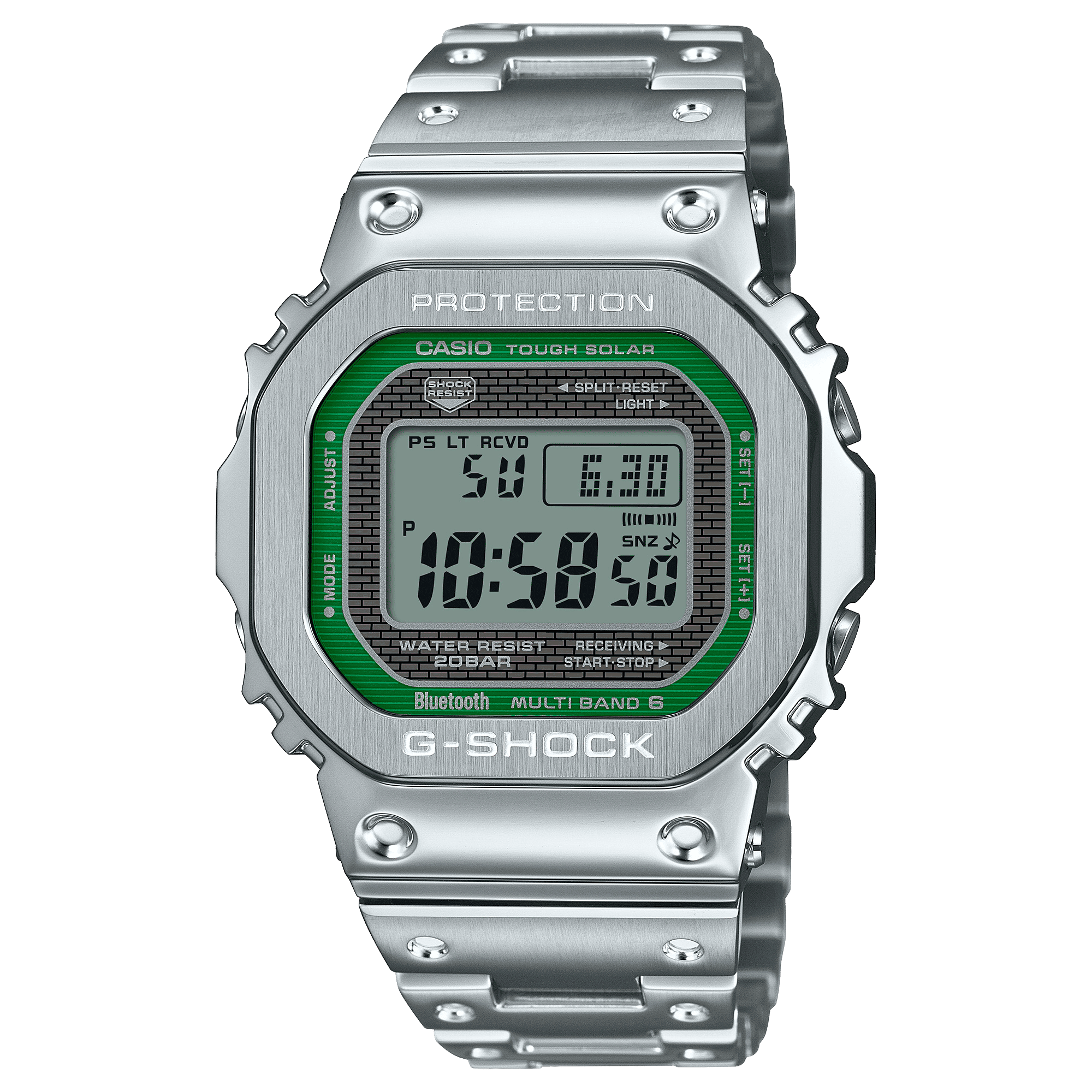 CASIO G-SHOCK GMW-B5000D-3DR GREEN DIGITAL DIAL SILVER STAINLESS STEEL SOLID BAND G1628