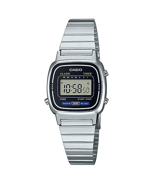 CASIO VINTAGE LA670WD-1DF BLACK DIGITAL DIAL SILVER STAINLESS STEEL  BAND D123