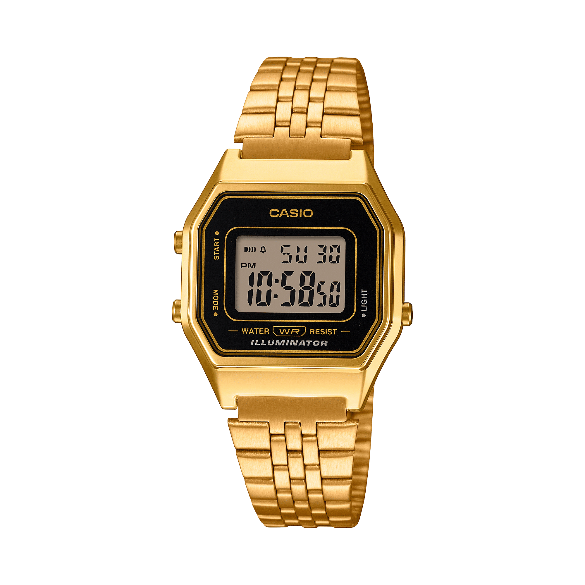 CASIO VINTAGE LA680WGA-1DF BLACK DIGITAL DIAL GOLD STAINLESS STEEL BAND D344