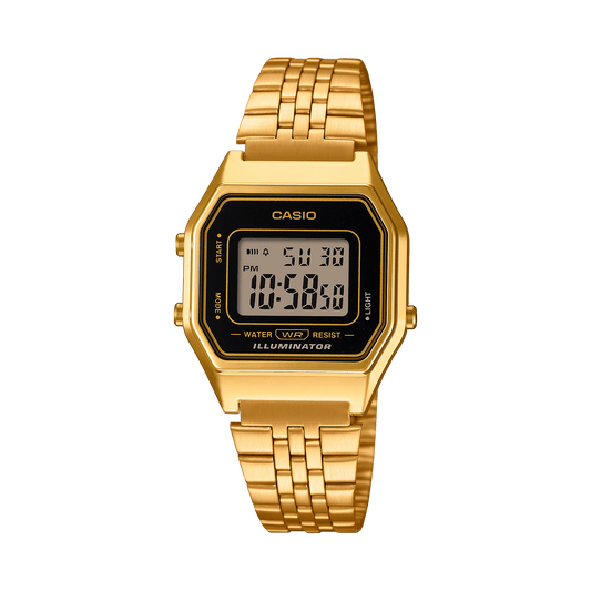 CASIO VINTAGE LA680WGA-1DF BLACK DIGITAL DIAL GOLD STAINLESS STEEL BAND D344