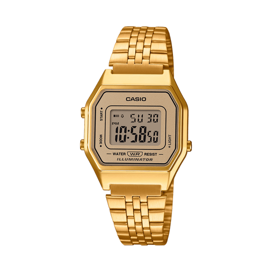 CASIO VINTAGE LA680WGA-9DF GOLD DIGITAL DIAL GOLD STAINLESS STEEL BAND D345