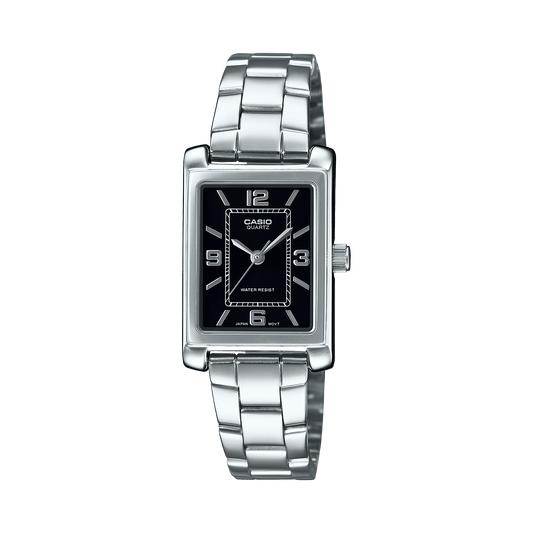 CASIO ENTICER LADIES LTP-1234DD-1ADF BLACK ANALOG DIAL SILVER STAINLESS STEEL BAND A2353