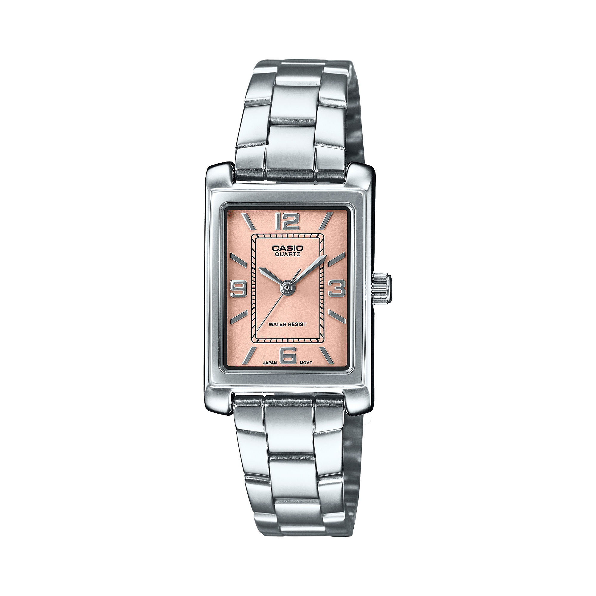CASIO ENTICER LADIES LTP-1234DD-4ADF PEACH ANALOG DIAL SILVER STAINLESS STEEL BAND A2355