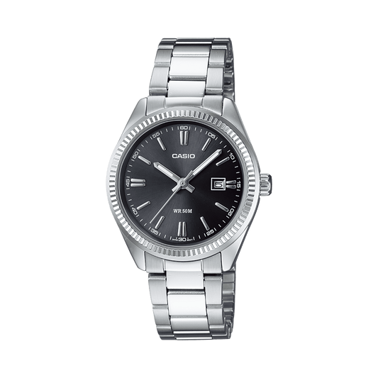CASIO ENTICER LADIES LTP-1302D-1A1VDF BLACK ANALOG DIAL SILVER STAINLESS STEEL BAND A1535