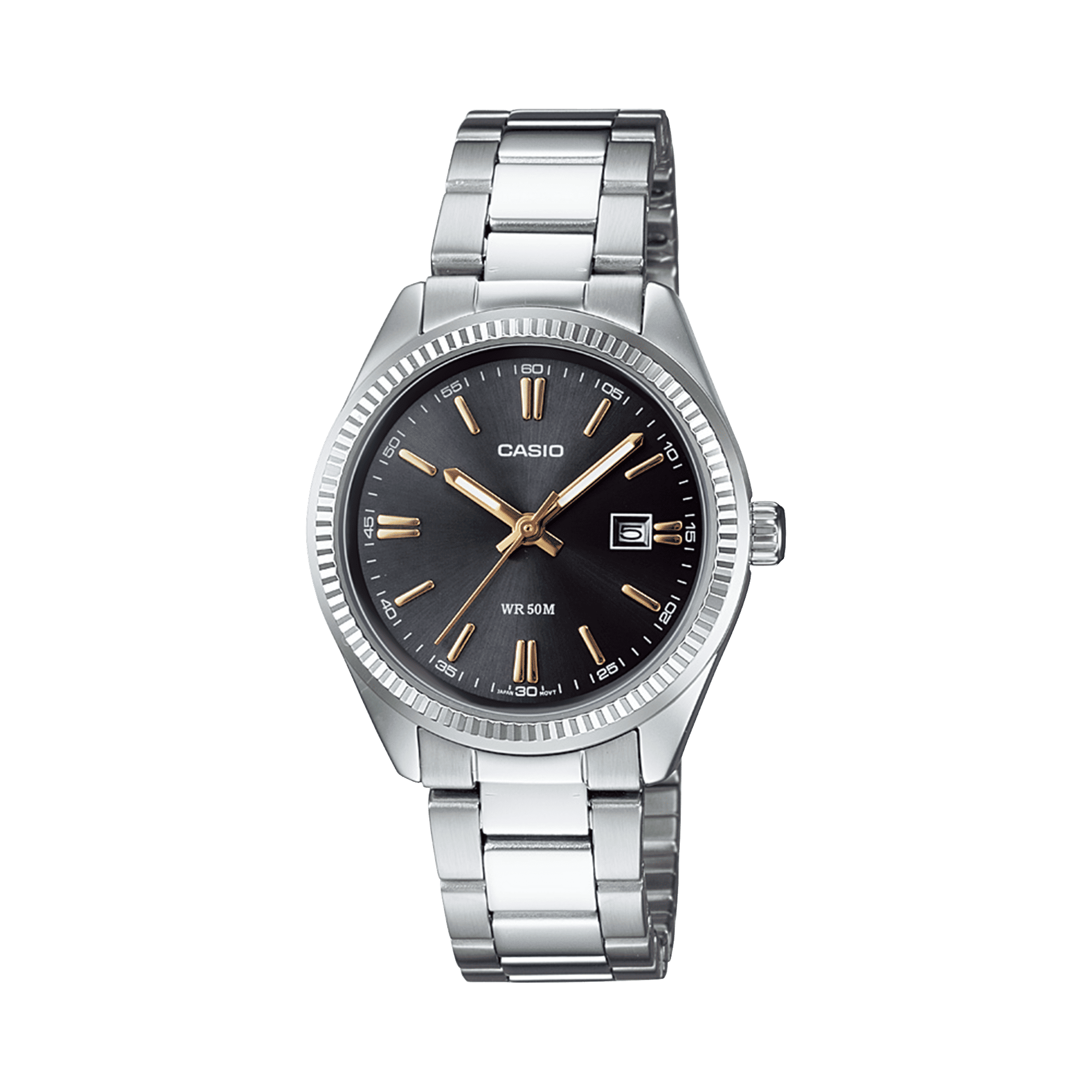 CASIO ENTICER LADIES LTP-1302D-1A2VDF BLACK ANALOG DIAL SILVER STAINLESS STEEL BAND A474