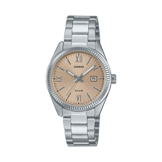 CASIO ENTICER LADIES LTP-1302DD-4A2VDF CREAM ANALOG DIAL SILVER STAINLESS STEEL BAND A2361